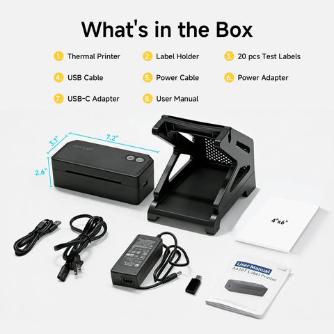 Bluetooth Thermal Label Printer With Stand Go-To Wireless 4x6 Shipping Label Printer For Small Biz Easy Setup Works With iPhone Android Windows Mac Great For USPS Amazon Etsy Shopify Sleek Black showing contents in box