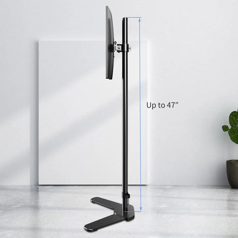 Tall Floor Monitor Mount With Extra Long 47 Inch Pole For Free Standing Desk Setup Adjustable Single Arm Fits 13 To 27 Inch Screens Up To 22 Lbs Easy Height Tilt And Depth Adjust To Cut Eye Strain showing side view and height feature.