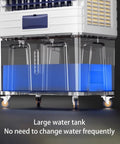 Portable Evaporative Air Cooler With Massive Water Tank And Eight Frozen Ice Packs Wide Angle Oscillating Swamp Cooler showing large water tank with wheels.