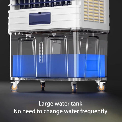 Portable Evaporative Air Cooler With Massive Water Tank And Eight Frozen Ice Packs Wide Angle Oscillating Swamp Cooler showing large water tank with wheels.