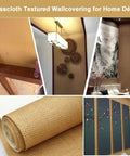 Real Deal Grasscloth Wallpaper Featuring Textured Woven Weave And Natural Plant Fiber Texture Sets Top Tier Decor Vibes For Any Room While Making Installation Dead Straight With Heavy Duty Non Prepasted Roll In Classic Beige. Textured wallcovering displayed with roll.