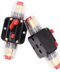 40 Amp Inline Circuit Breaker With Manual Reset Fuse Holder, 12V-24V DC, black and clear housing, 40A rating, two-pack