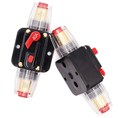 40 Amp Inline Circuit Breaker With Manual Reset Fuse Holder, 12V-24V DC, black and clear housing, 40A rating, two-pack