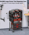 Heavy Duty Power Tool Organizer Cart With Charging Station And Battery Storage, black rolling tool cart in garage setting.