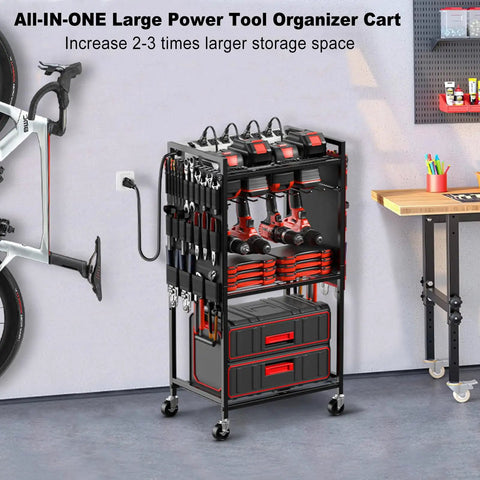 Heavy Duty Power Tool Organizer Cart With Charging Station And Battery Storage, black rolling tool cart in garage setting.