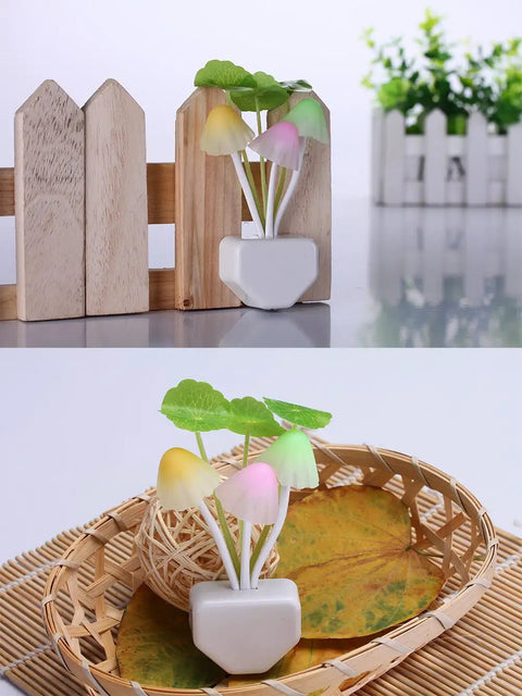Sensor Led Night Light With Color Changing Plug In Mushroom Dream Bed Lamp Three Color Blue Yellow White Warm Soft Romantic Ambient Glow For Bedroom Nightstand Or Cozy Decor in a ceramic-like pot on wooden surface and basket.