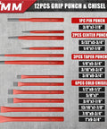 Image showing a 12-piece grip punch and chisel set with red handles, including pin punch, center punches, taper punches, and cold chisels.