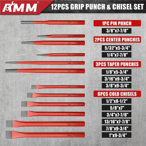 Image showing a 12-piece grip punch and chisel set with red handles, including pin punch, center punches, taper punches, and cold chisels.