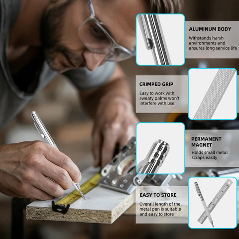 Tough As Nails Tungsten Carbide Scribe Pen With Knurled Aluminum Handle And Built In Magnet For Precise Layout Marking used on wood.