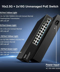 18 Port 10G 2.5G Ethernet Switch With 16 2.5G RJ45 PoE Capable Ports And 2 10GBASE-T Uplinks, LED indicators lit, vertical view