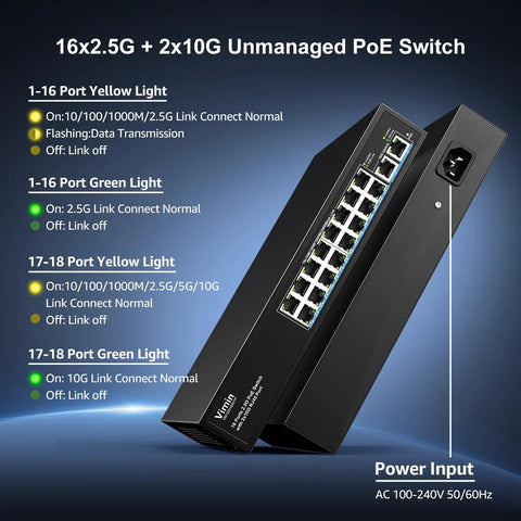 18 Port 10G 2.5G Ethernet Switch With 16 2.5G RJ45 PoE Capable Ports And 2 10GBASE-T Uplinks, LED indicators lit, vertical view