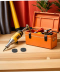 Versatile 6pcs Nylon Buffing Wheel Set With 10mm Hole For Grinding And Polishing Metal Hardware Furniture Auto Parts Stone Marble Tools Ready To Shine next to tools in an orange toolbox.