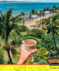 A hand holding a cup of coffee with a tropical beach view lined with palm trees. "Yaucono, el mejor café" logo at the bottom.