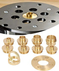 Damn Solid Brass Router Bushing Guide Set With Eight Precision Template Guides Lock Nuts And Compact Case, brass guides and base plate.