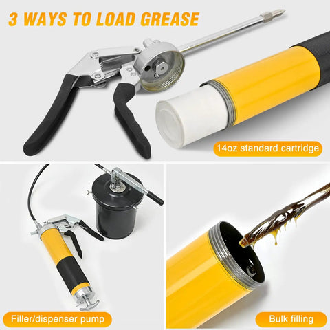 Heavy Duty Pistol Grip Grease Gun Kit With 18 Inch Flexible Hose Quick Release Coupler 8000 PSI Pressure 14 Oz Capacity Leak Proof
