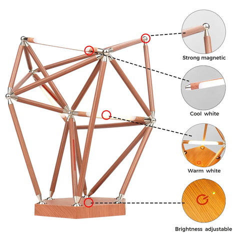 LED DIY Splicing Desk Lamp Kit With Touch Dimmer For Living Room Bedroom And Office USB Powered Lights Connect To Power Bank Or Computer Brightness Adjustable Dope Modular Light Decor showing wooden structure, magnetic rods, and adjustable brightness options