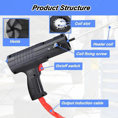 Pro Grade Induction Bolt Heater Kit 1800W handheld nut warmer showing vents, heater coil, on/off switch, and output cable.