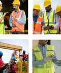 Group of workers wearing Custom High Visibility Safety Vest With Clean Slick Two Tone Look, Heavy Duty Breathable Mesh, Smooth Zip And Roomy Pockets.