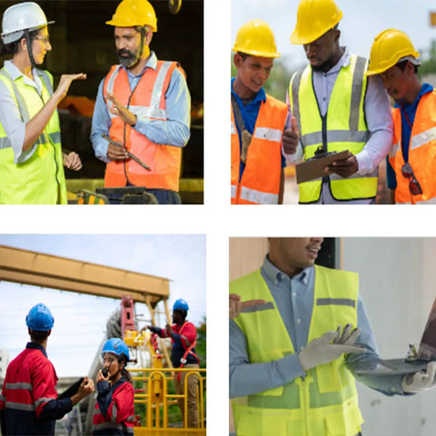 Group of workers wearing Custom High Visibility Safety Vest With Clean Slick Two Tone Look, Heavy Duty Breathable Mesh, Smooth Zip And Roomy Pockets.