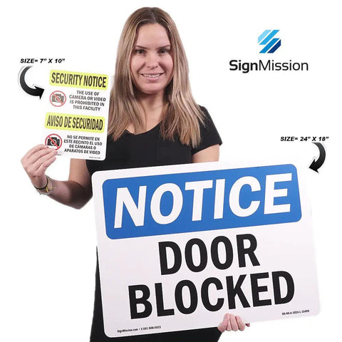 Notice Sign For Warehouse And Construction Sites With Personnel Only Symbol Durable Vinyl Label Decal For Indoor Or Outdoor Use Protect Your Business And Site Safety Made In The USA, woman holding door blocked sign