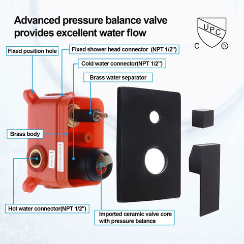 Pressure balance valve components from Dual Function Shower Faucet Set For Bath And Shower, Waterfall Tub Spout, Matte Black Finish