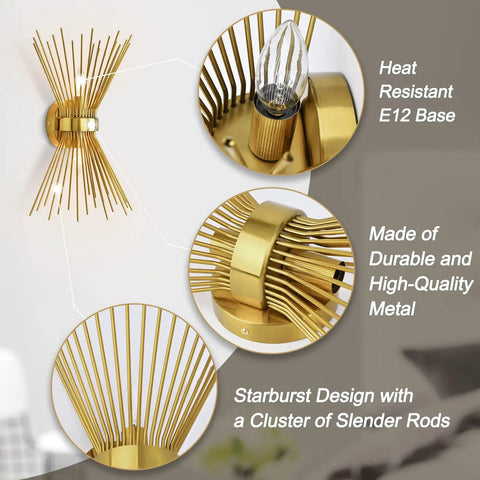 Antique Brass Two Light Modern Mid Century Wall Sconce with starburst design, E12 base, and high-quality metal rods.