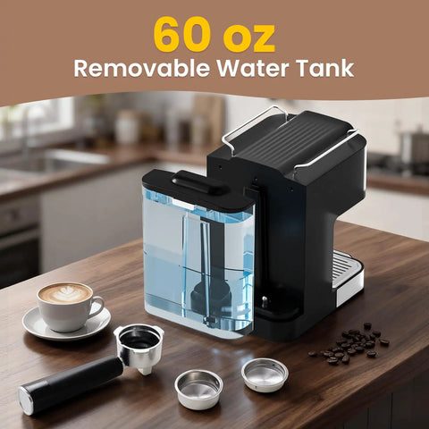 Professional 20 Bar Espresso Coffee Maker With Built In Steam Wand And Silky Milk Frother, 60 oz removable water tank visible.