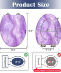 Elongated Abstract purple liquid marble watercolor glitter Toilet Seat size diagram with dimensions 18.5 x 14.5 inches.