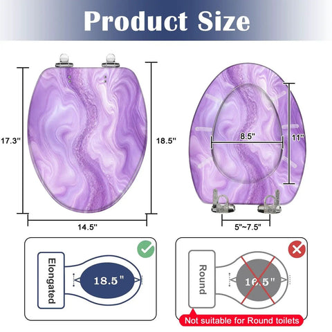 Elongated Abstract purple liquid marble watercolor glitter Toilet Seat size diagram with dimensions 18.5 x 14.5 inches.
