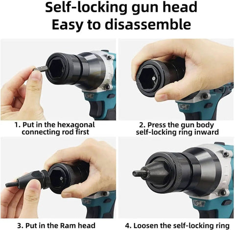 Heavy Duty Cordless Electric Rivet Nut Gun Featuring Automatic Pull Action self-locking gun head assembly steps for easy disassembly.