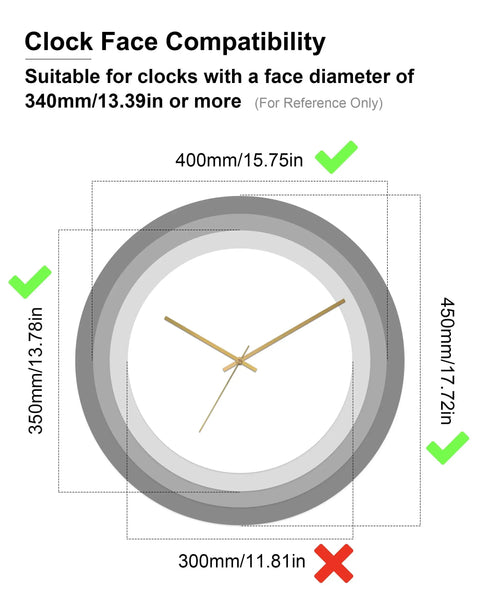 Compatibility chart for Gold Clock Hands And Quartz Movement Kit For DIY Wall Clocks, showing suitable face diameters.