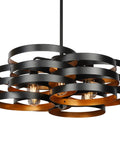 Six Light Modern Farmhouse Chandelier With Stacked Ring Design In Black Metal And Gold Interior For Dining Room Kitchen Or Entryway