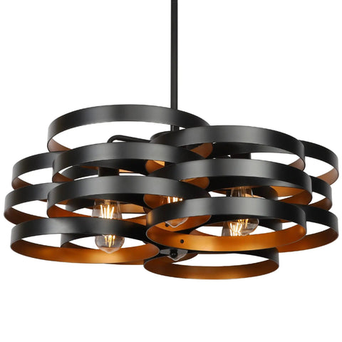 Six Light Modern Farmhouse Chandelier With Stacked Ring Design In Black Metal And Gold Interior For Dining Room Kitchen Or Entryway