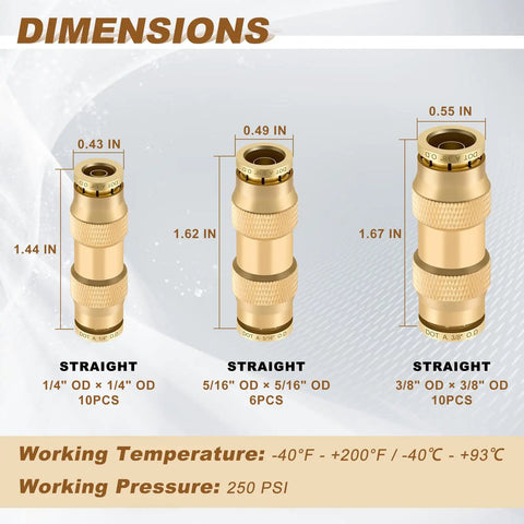 Dimensions of Beefy 26 Piece Brass DOT Air Line Fittings Straight Union Kit for air suspension and air brake systems