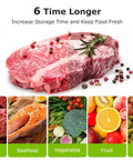 Pro Grade Vacuum Sealer Bags Set For Quick Meal Prep And Sous Vide, image showing food types like meat, seafood, vegetables, fruits, and nuts.