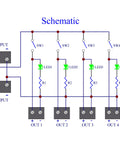 Schematic diagram of Four Channel Toggle Switch Power Distribution Module for DIN rail mount with LED on off indicators, DC input range 3-32V, 30A.