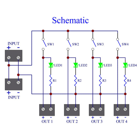 Schematic diagram of Four Channel Toggle Switch Power Distribution Module for DIN rail mount with LED on off indicators, DC input range 3-32V, 30A.