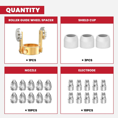 P-80 Plasma Cutter Torch Consumables Kit components: roller guide wheel spacer, nozzles, shield cups, electrodes