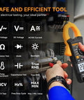 Person using Digital Clamp Meter Multimeter With Auto Range 4000 Counts For AC DC Voltage And Current, LD202A in electrical panel