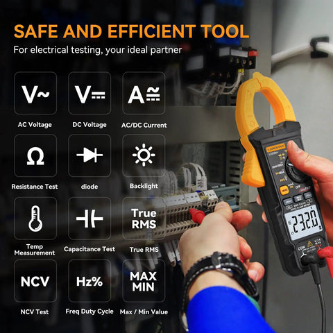 Person using Digital Clamp Meter Multimeter With Auto Range 4000 Counts For AC DC Voltage And Current, LD202A in electrical panel