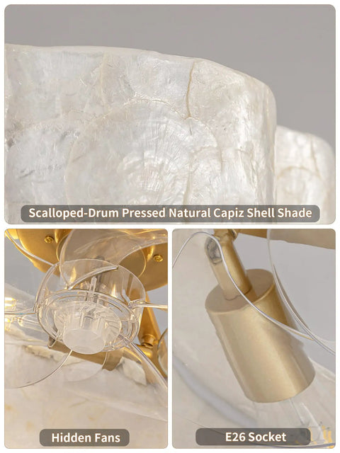 Close-up of the 18" Coastal Boho Capiz Shell Ceiling Fan with Light and Remote,Flush Mount showcasing natural capiz shade and hidden fans.