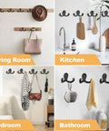 Collage showing heavy duty double prong wall hooks set in living room, kitchen, bedroom, and bathroom hanging coats and more.
