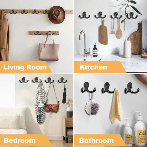 Collage showing heavy duty double prong wall hooks set in living room, kitchen, bedroom, and bathroom hanging coats and more.