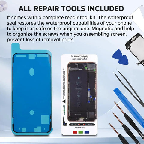 IPhone 7 Plus Screen Replacement Assembly 5.5 Inch With Home Button Front Camera Earpiece Ear Speaker Frame And Screen Protector Full Repair Tools Kit with waterproof seal and magnetic pad.