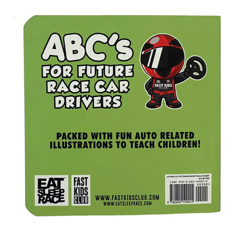 Future Race Car Driver Alphabet Fun For Gearhead Kids A To Z Board Book, 26-page green board book cover
