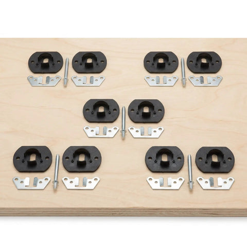 Five Sets Interlocking Sectional Sofa Connectors Brackets Pin Style for Stable Couch Assembly on wooden surface