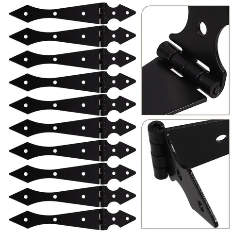 Beefy Heavy Duty Iron Gate Hinge Set, 10 Piece For Fences And Garden Gates, black metal hinges with close-up view