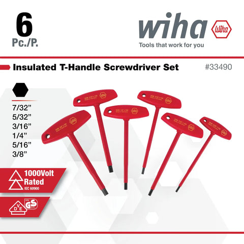 T-Handle Hex Driver Set Six Piece Inch Size Includes 5/32 3/16 7/32 1/4 5/16 3/8 Insulated To 1000V AC Black Oxide Finish