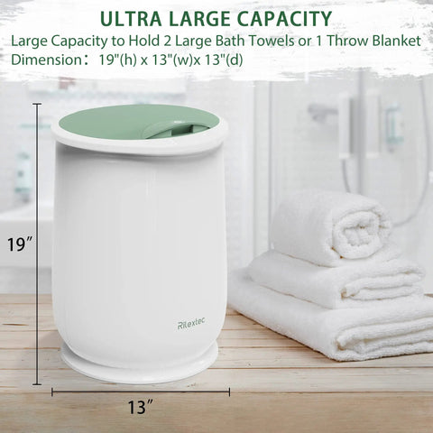 Huge 20L Towel Warmer Bucket for Bathrooms Heats Ultra Fast to 130 C 266 F, next to folded towels, dimensions shown.
