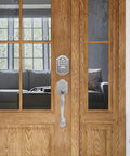 Keyless Entry Door Lock With Handle Electronic Keypad Deadbolt For Front Doors Auto Lock Satin Nickel installed on wooden door
